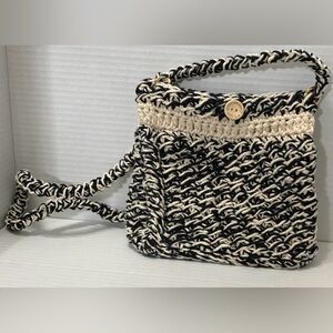 Black and White Crossbody Bag with Textured Cotton Material Handmade